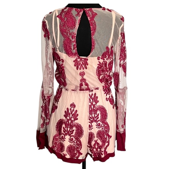 MINIPINK Burgundy Sheer Mesh Romper Bell Sleeve Boho Festival Floral Size Small - Picture 11 of 16